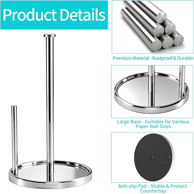 Paper Towel Holder Countertop, Standing Paper Roll Holder with Anti Slip Weighted Base, Stainless Steel Freestanding Paper Towel Holder for Kitchen, Chrome - Image 4