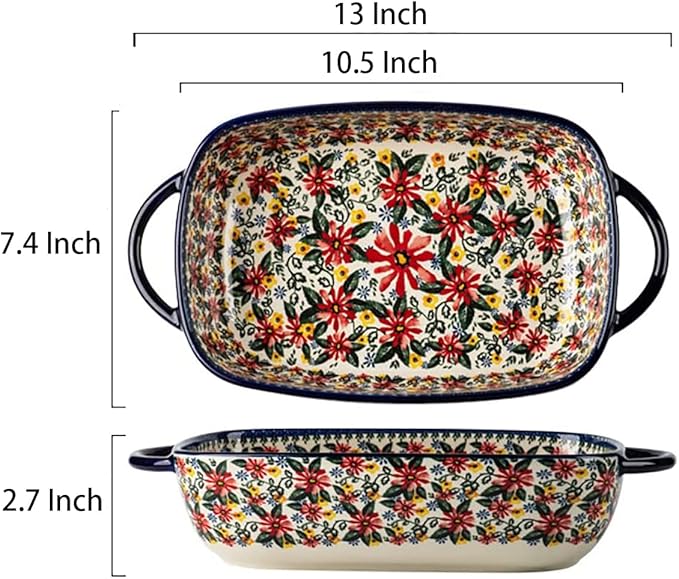 Red Daisy Flower Vintage Style Ceramic Bakeware Casserole Dish Baking Pan Lasagna Pans Baking Dish with Handles for Oven/Cooking/Kitchen-1 PCS, 60 OZ - Image 2