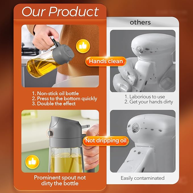YARRAMATE 16oz/470ml Oil Sprayer for Cooking with Stickers, Food-grade Premium 2 in 1 Olive Oil Dispenser Bottle for Kitchen Gadgets, Air Fryer, Salad, Frying, BBQ (Gray) - Image 6