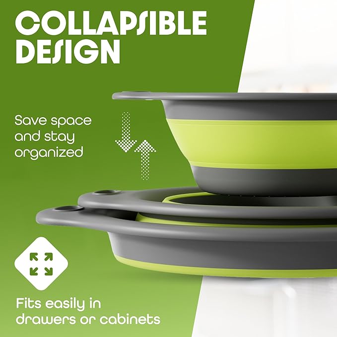 Gevoli 3-Pack Collapsible Colanders with Self-Draining Base, Over Sink-edge Silicone Food Strainers, Small/Med/Large Sizes, Nesting for Easy Compact Storage (3Qt, 4Qt, 5-Quart Set) Green/Gray - Image 4