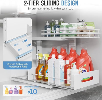 Under Sink Organizer Upgrade To Professional Rails,2-Tier Dual Pull Out Cabinet Storage,Height Adjustable Slide Out Drawers For Bathroom Kitchen,2 Pack-14.5"Dx12.8"-16.9"H,White - Image 5