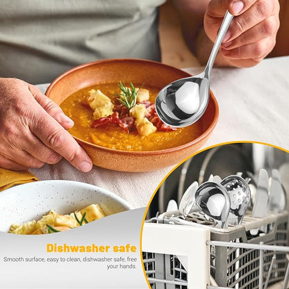 2Pcs Small Ladle and Slotted Spoon, Heavy Duty 304 Stainless Steel Gravy Ladle Mini Soup Ladles for Serving, Skimmer Strainer Spoon with Holes, Silver