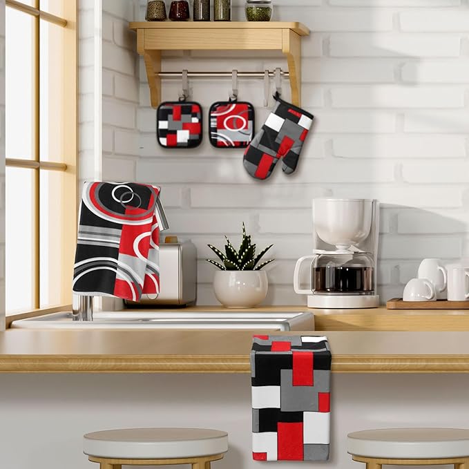 Jingmore 6 Pcs Kitchen Decor Set Accessorie Farmhouse Kitchen Towels Pot Holders Oven Mitts Set 2 Dish Towels 2 Pot Holders 2 Cooking Mittens Oven Glove for Cooking(Red and Black,Geometric) - Image 2