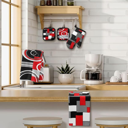 Jingmore 6 Pcs Kitchen Decor Set Accessorie Farmhouse Kitchen Towels Pot Holders Oven Mitts Set 2 Dish Towels 2 Pot Holders 2 Cooking Mittens Oven Glove for Cooking(Red and Black,Geometric) - Image 2