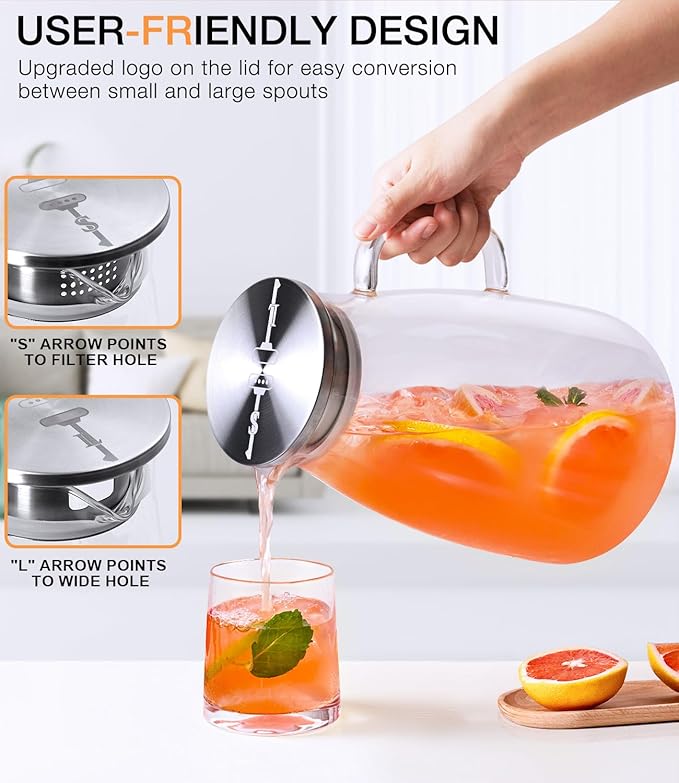 Glass Pitcher with Lid, 1 Gallon 128oz Water Pitcher with Handle and Spout for Fridge, Borosilicate Glass for Iced Tea, Juice, Sangria, Cold/Hot Beverage, Large Jug with Extra Wide Mouth - Image 2