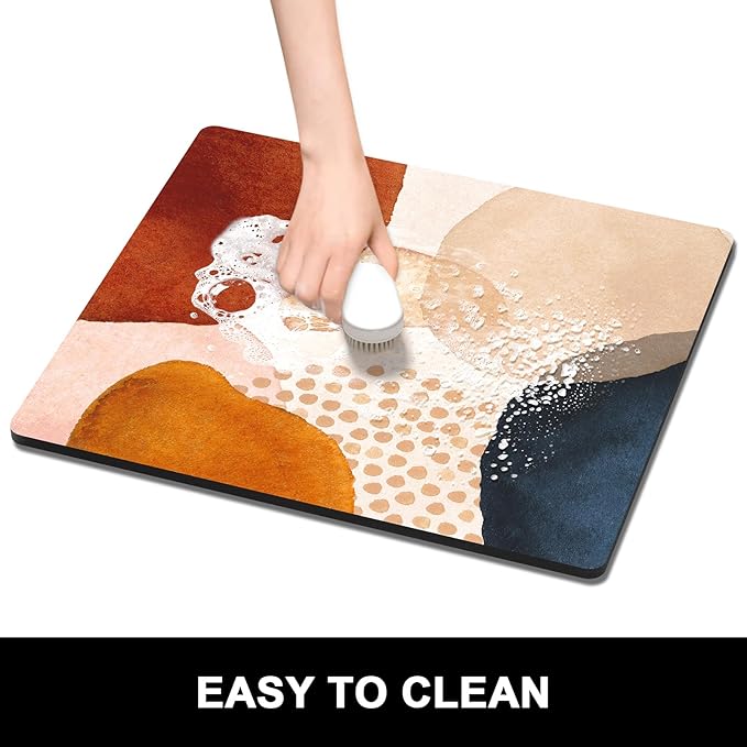 Rnivvi Dish Drying Mat for Kitchen Counter, 16 x 18" Cute Boho Theme Absorbent Heat Resistant Drying Pad with Non-slip Rubber, Coffee Bar Mats for Coffee Machine Dish Rack, Abstract Stones Art - Image 6
