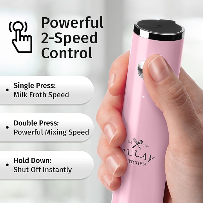 Zulay Kitchen Rechargeable Milk Frother Handheld Lux - Powerful 2-Speed Motor, Waterproof, 2000mAh Battery - Drink Mixer for Latte, Cappuccino, Matcha & Protein Powder - Pink Bubblegum - Image 4