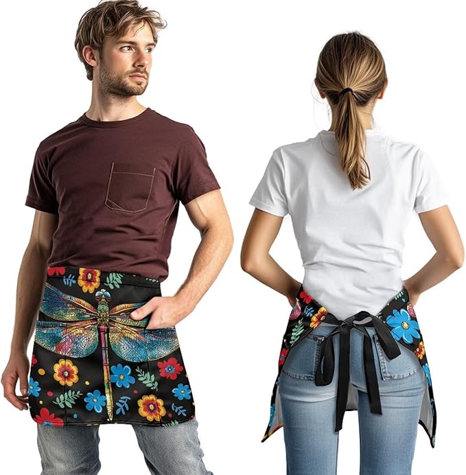 Server Apron with 3 Pockets, Waterproof Oil Waitress Waiter Half Apron for Restaurant Hotel Kitchen Cafe
