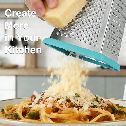 Ourokhome Cheese Grater with Handle, Stainless Steel Box Grater, 4 Side Kitchen Vegetable Shredder Slicer Zester with Container for Parmesan, Cabbage, Ginger, Lemon, Chocolate, Coconut (Teal black) - Image 7