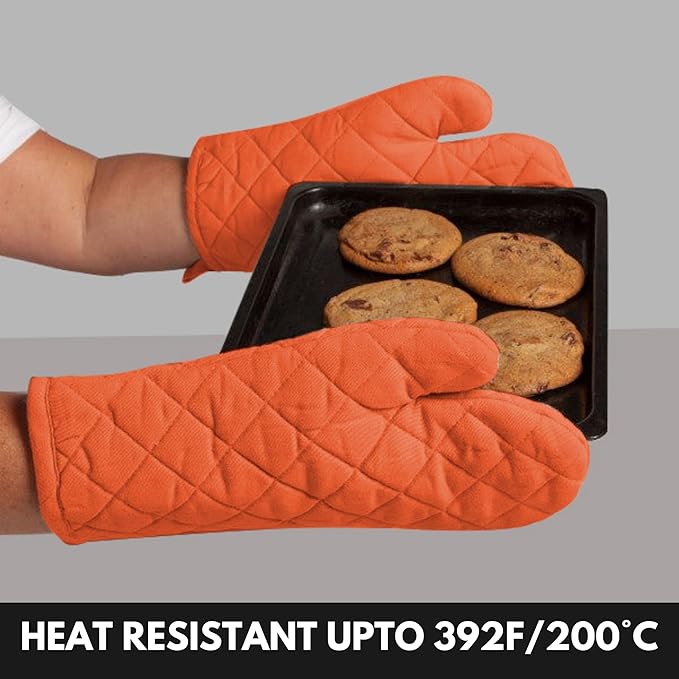 Oven Mitt (7"x13") & Pot Holder (8"x8") 100% Cotton Set of Heat Resistant Oven Gloves & Hot Pads for Gifts, BBQ, Cooking, Baking, Thanksgiving - Orange