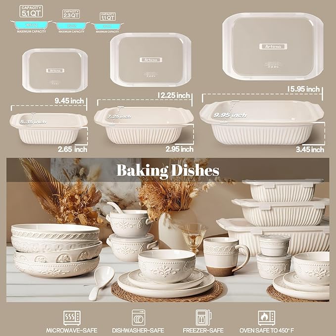 Artena Casserole Dishes For Oven, Ceramic Baking Dish, Large Lasagna Pan With Handles, Baking Pan Casserole Dish, Rectangular Bakeware Deep, White, Set Of 3 (5.1Qt/2.3Qt/1.1Qt) (Baking Dish With Lids) - Image 7