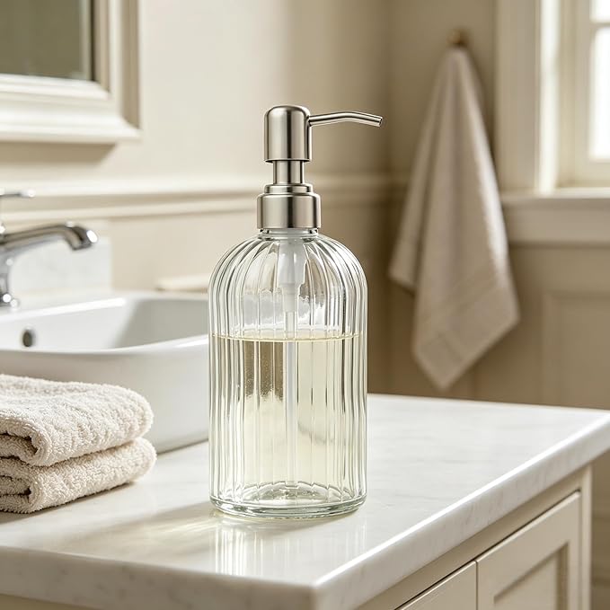 Glass Hand Soap Dispenser Silver Pump Refillable Dish Shampoo Lotion Bottle with Brushed Bathroom Kitchen Decor 18 OZ