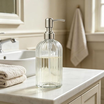 Glass Hand Soap Dispenser Silver Pump Refillable Dish Shampoo Lotion Bottle with Brushed Bathroom Kitchen Decor 18 OZ