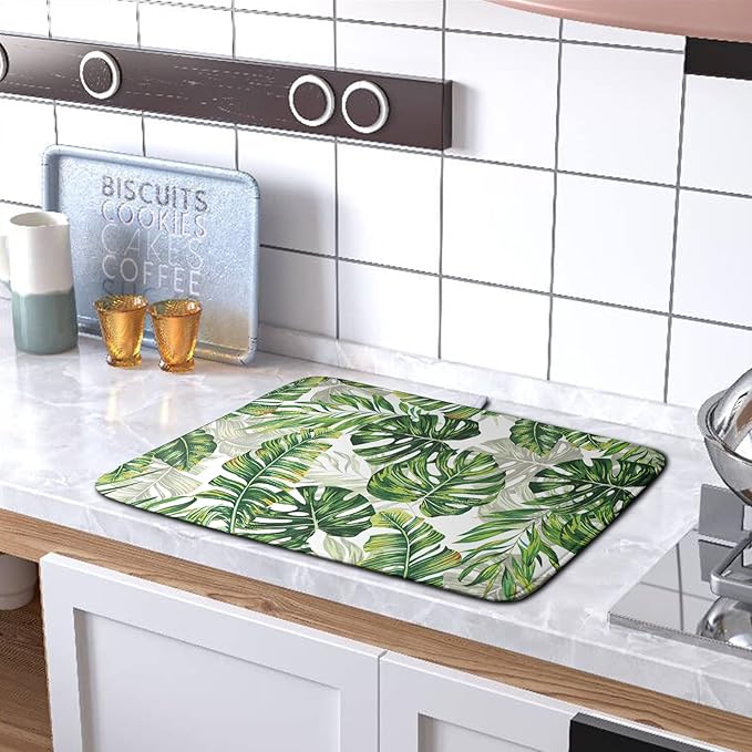 Tropical Palm Leaves Dish Drying Mat for Dishes 16x18 Inch Spring Green Monstera Leaf Drying Mat Watercolor Herbs Dish Drainer Mat Super Absorbent Dish Rack Pad for Coffee Bar Sinks - Image 5