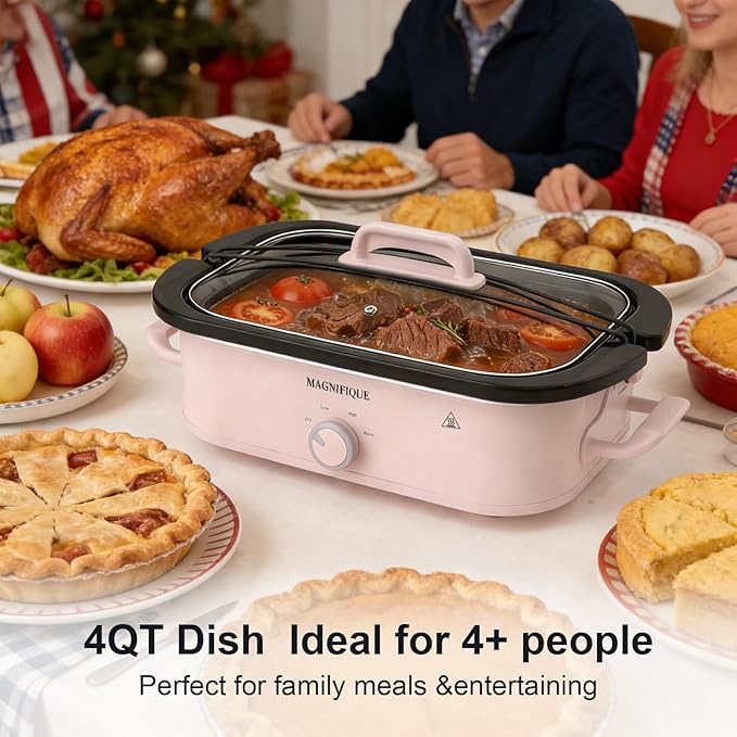 MAGNIFIQUE 4 Quart Slow Cooker with Ceramic Nonstick Baking Dish, Adjustable Temperature, Oven Safe for Lasagna & Roasts, Dishwasher Safe Stoneware & Tempered Glass Lid, Compact Crock Pot, Pink