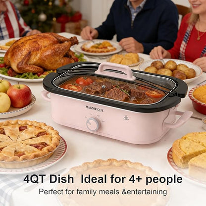 MAGNIFIQUE 4 Quart Slow Cooker with Ceramic Nonstick Baking Dish, Adjustable Temperature, Oven Safe for Lasagna & Roasts, Dishwasher Safe Stoneware & Tempered Glass Lid, Compact Crock Pot, Pink