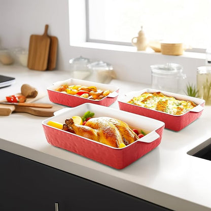 Casserole Dishes for Oven, Ceramic Baking Dishes, Lasagna Pan with Handles, Porcelain Baking Pan Deep, Bakeware for Baking, Cooking, Wedding Gift, Set of 3 (11.6" x 7.8", Red) - Image 7