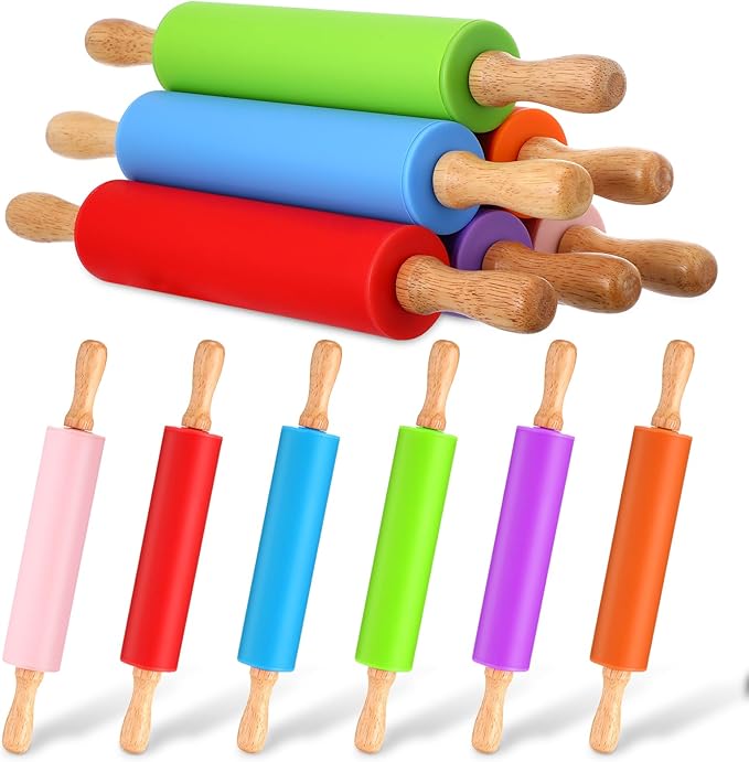 Dandat 12 Pcs Small Rolling Pin Kids 12 Inch Mini Silicone Rolling Pin for Baking Non Stick Kids Dough Roller with Wooden Handle for Kitchen Cookie Pastry Fondant Cake 6 Colors by Dandat