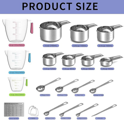 Stainless Steel Measuring Cups and Spoons Set, 6 Stainless Steel Measuring Cups, 7 Measuring Spoons & 1 Leveler, 3 Plastic Measuring Cup with 1 Measuring Conversion Chart - Image 7