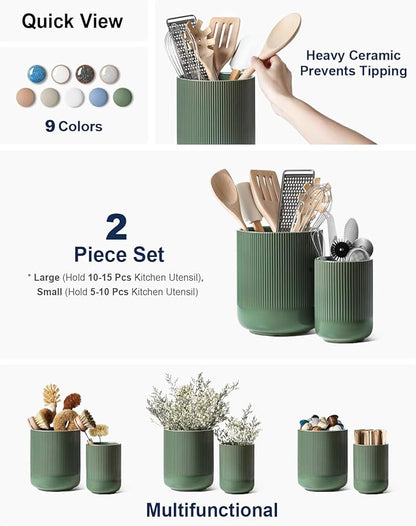 LE TAUCI Utensil Holder for Kitchen Counter, 7.3"+5.4" Fluted Ceramic Utensil Crock Organizer for Countertop, Heavy Large Holder for Spatulas, Spoons, Set of 2, Forest Green - Image 2