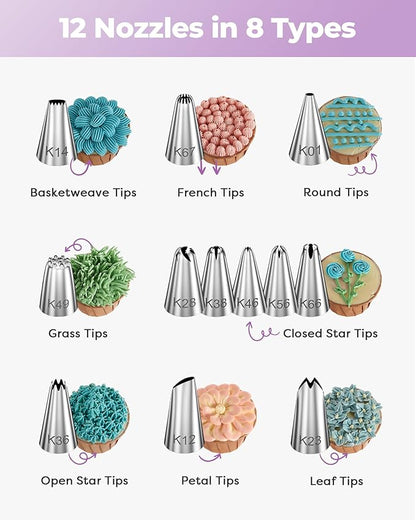 Kootek 71PCs Cake Decorating Kit, Baking Supplies Tools - Includes Cake Stand Turntable, 12 Icing Piping Tips Set, 2 Frosting Spatulas, 3 Scrapers, 50+2 Piping Bags, Coupler, Video Tutorial, Booklet - Image 2