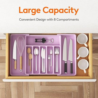 Lifewit Silverware Drawer Organizer, Expandable Utensil Tray for Kitchen, BPA Free Flatware and Cutlery Holder, Adjustable Plastic Storage for Spoons Forks Knives, 13-22 x 15", Purple - Image 2