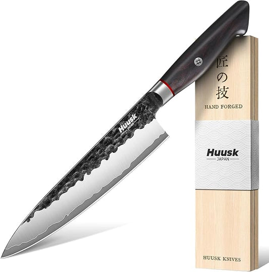 Huusk Professional Japanese Chef Knife - Hand Forged VG10 Kitchen Knives for Meat & Veggie Precise Slicing 8 inch Gyuto with Ergonomic Ebony Handle Premium Wooden Gift Box by HuuskKnife