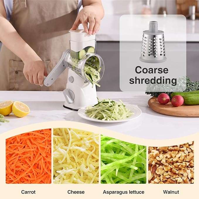 Rotary Cheese Grater Hand Crank, Kitchen Mandolin Vegetable Cheese Shredder with 3 Interchangeable Blades,Easy Clean Rotary Grater with Handle,Kitchen Grater Grinder for Cutting Cheese,Vegetable Nuts - Image 4