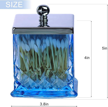 Qtip Holder,15Oz Blue Glass Apothecary Jars with Silver Lids for Bathroom Organization & Desk Storage,Thick Glass Apothecary Jars for Q-Tips,Cotton Rounds,Jewelry,Candy,Square