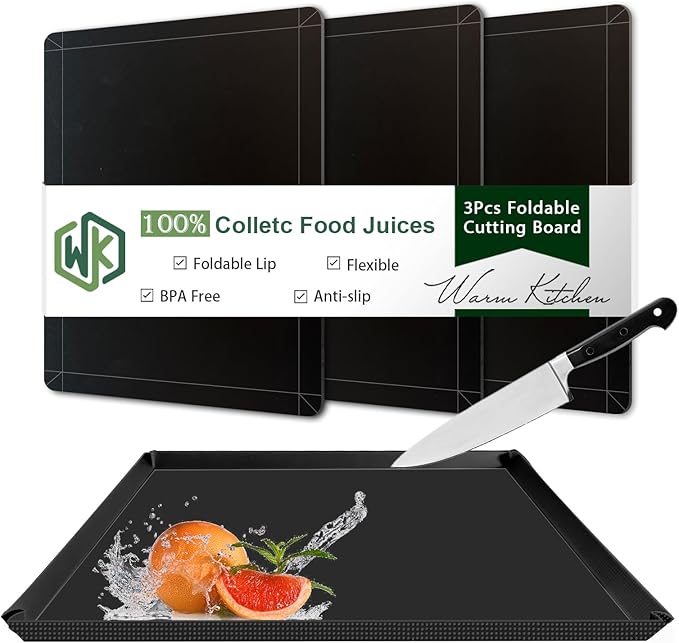 WK Flexible Plastic Cutting Boards Mats with Lip, Foldable Cutting Board for Kitchen Set of 3, Black Cutting Boards for Meat, Nonslip Cutting Mats Sheets, BPA Free, Dishwasher Safe by WKHome