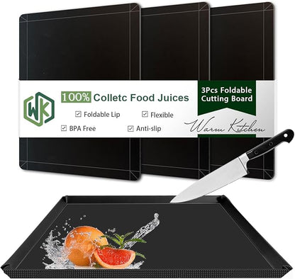 WK Flexible Plastic Cutting Boards Mats with Lip, Foldable Cutting Board for Kitchen Set of 3, Black Cutting Boards for Meat, Nonslip Cutting Mats Sheets, BPA Free, Dishwasher Safe by WKHome