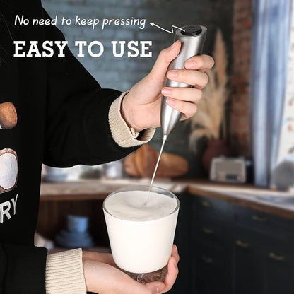 SIMPLETASTE Milk Frother Handheld Electric Foam Maker, Drink Mixer with Stainless Steel Whisk for Cappuccino, Bulletproof Coffee, Latte, Gray, with Stand, Battery Operated - Image 3