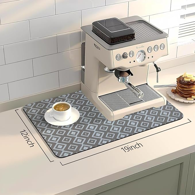 Bloss Dish Drying Mat, 12"x19" Absorbent Coffee Bar Mat with Waterproof Rubber Back, Fit Under Coffee Maker Machine/Kitchen Counter(Gray-White Plaid) - Image 2