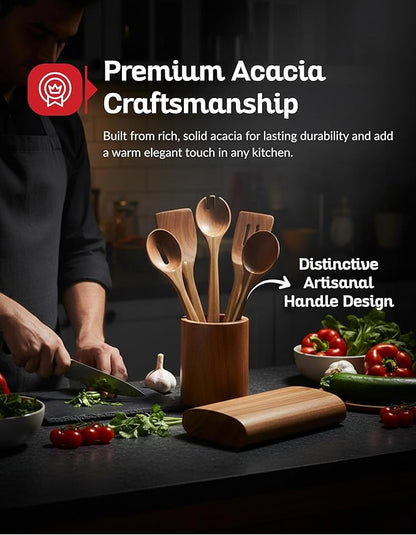 Acacia Utensil Set of 5 with Holder – Premium Wooden Cooking Utensils, Eco Friendly Acacia Wood Spatula & Spoon Set, Nonstick Safe Kitchen Tools - Image 2