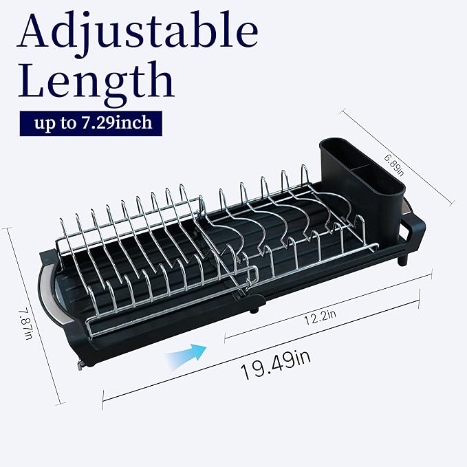 Dish Drying Rack Compact Expandable Double-Decker: Stainless, Rust-Proof, fits Kitchens/Apartments, extends 11.42"-19.9" (Black). - Image 2
