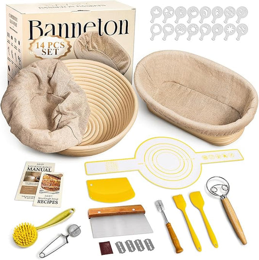 Sourdough Starter Kit, Banneton Bread Proofing Baskets Set, Sourdough Bread Baking Supplies Making Tools with Dough Scraper, Whisk, Bread Lame, Recipe by BavifyBaking