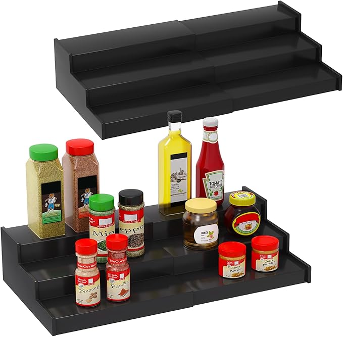 Lenwi Spice Rack Organizer for Cabinet 2 Pack, 3 Tier Expandable Bamboo Spice Storage for Kitchen Cupboard Pantry, Black by Lenwi