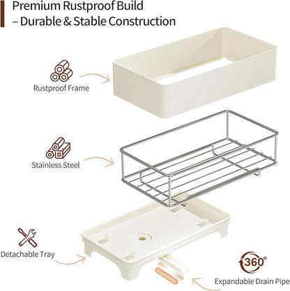 Sponge Holder for Kitchen Sink – Rustproof Stainless Steel, 360° Rotating Drain Pipe, Large Counter Organizer with Drip Tray for Sponges, Brushes & Dish Cloths Off-white - Image 3