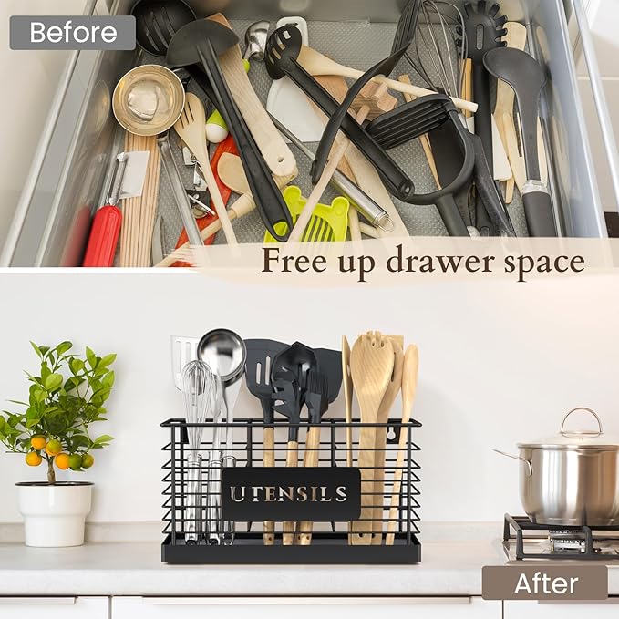 THYGIFTREE Utensil Holder for Kitchen Counter with Diatomaceous Earth Base, Large Black Metal Cooking Tool Organizer with 3 Compartments, Countertop Utensil Holder for Spatula and Kitchen Utensils - Image 3