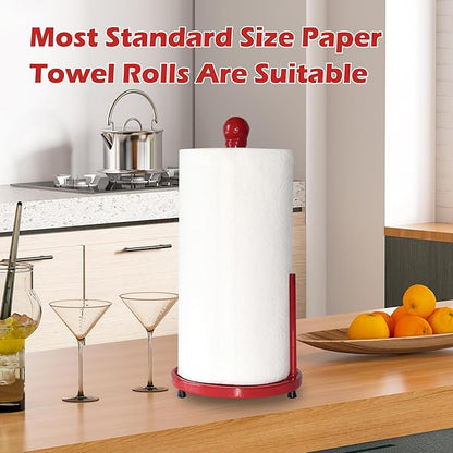 Red Cast Iron Paper Towel Holder for Kitchen Countertop - Vintage Daffodil Standing Dispenser with Heavy Weighted Base, Antique Farmhouse Decor, Fits Jumbo Rolls, One-Handed Tear