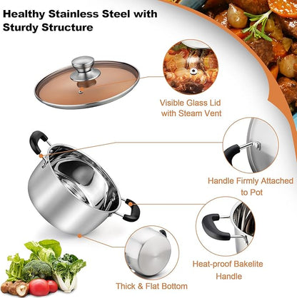 TeamFar Stock Pot 4qt, Stainless Steel Stock Soup Pasta Pot with Lid, Double Heatproof Handles, Non Toxic & Healthy, Easy Clean & Dishwasher Safe - Image 3
