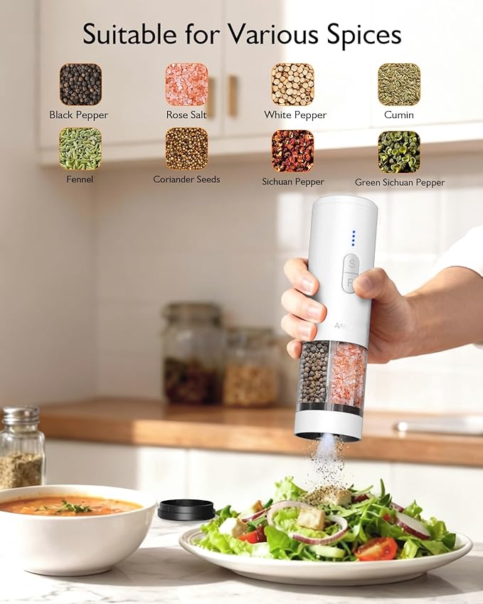 Electric Salt and Pepper Grinder Set, 2 in 1 Dual Bins USB Rechargeable Refillable Automatic Salt and Pepper Mill Shaker with LED Light, Dual Ceramic Grinder Adjustable Coarseness, kitchen gift, white - Image 9