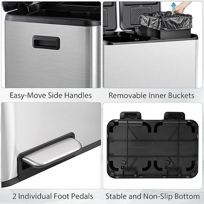 SUPER DEAL Kitchen Trash Can 16 Gallon 60L Dual Stainless Steel Garbage and Recycling Can with Foot Pedal for Kitchen, Living Room, Office, Removable Inner Buckets Soft Close Lid Odor Proof, Silver