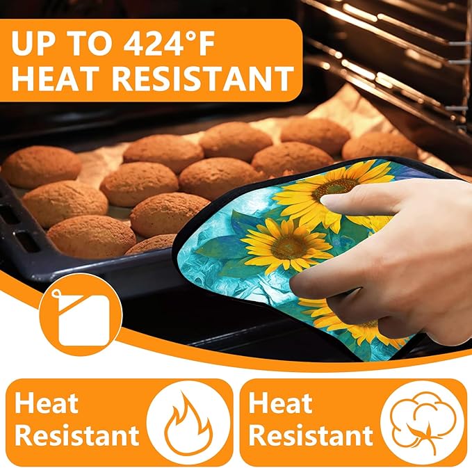 Sunflower Oven Mitts and Pot Holders Sets 4Pcs,Extra Long Oven Gloves Potholder for Kitchen Cooking Baking BBQ 100% Cotton Heat Resistant - Image 4