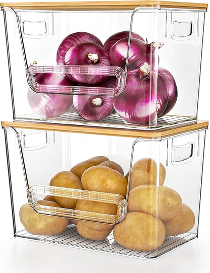 Delamu 2 Set Pantry Organizers and Storage, Trash Bag Holder Under Sink Organizer for 4-13 Gal Bags, Trash Bag Dispenser with Bamboo Top for Onion, Potato, Garlic, Clear (11-7/32"L*7" W*7-1/8"H) - Image 9