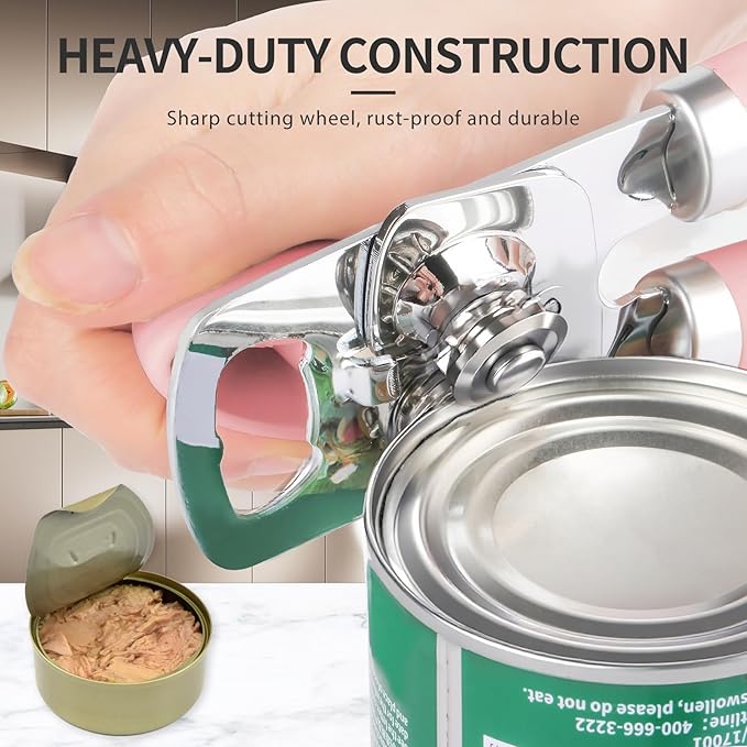 Safring Can Opener Manual, Heavy Duty Stainless Steel Smooth Edge Can Openers With Soft Touch Handle, Oversized Handheld Easy Turn Knob, Multi-Function Bottle Opener, Pink