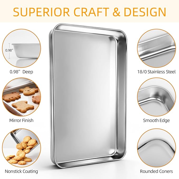 Baking Sheet Pan Set of 12, CEKEE Stainless Steel Cookie Sheets for Baking with Cooling Rack Silicone Baking Mat, Small/Quarter/Jelly Roll Pan, 9/10/12/16 Inch, Heavy Duty & Non Toxic & Easy Clean - Image 4