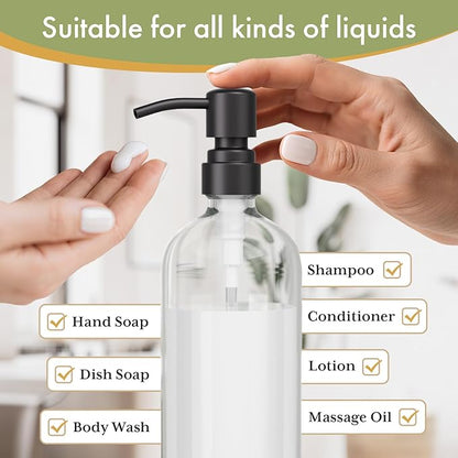 AmazerBath Soap Dispenser, 2 Pack Glass Soap Dispenser with Stainless Steel Pump, 17 Oz Bathroom Hand Soap Dispensers Bottle for Bathroom & Kitchen, Clear & Black - Image 3