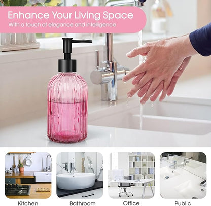 Topsky Stripe Glass Soap Dispenser with Black Plastic Pump, 400ml Liquid Hand Soap Dispenser, Rustproof Pump for Kitchen & Bathroom, Great for Lotions, Essential Oil, Liquid Soaps-Pink - Image 6