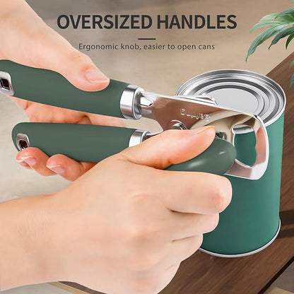 Safring Can Opener Manual, Heavy Duty Stainless Steel Smooth Edge Can Opener With Soft Touch Handle, Oversized Handheld Easy Turn Knob, Multi-Function Bottle Opener, Hunter Green